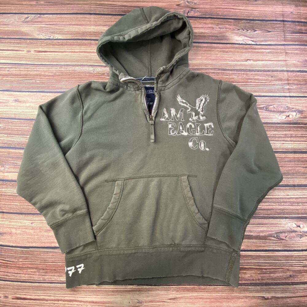 VTG Y2K American Eagle 1/4 Zip Hoodie Mens L Green Y2K Distressed Fleece AE 1977